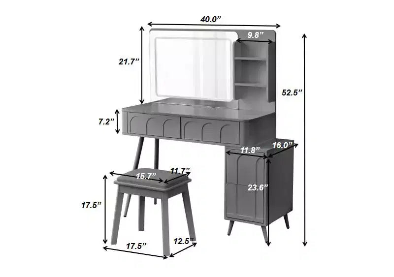Rajiv Modern Vanity Set with Faux Leather Stool, 3-Color Lighted Mirror and Movable Side Cabinet