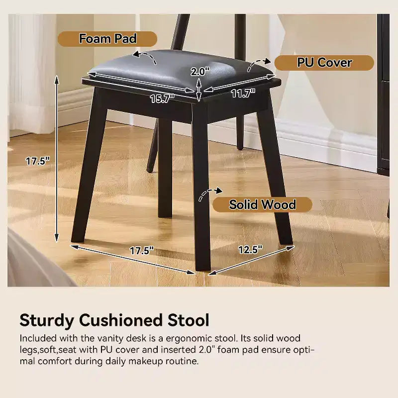 Rajiv Modern Vanity Set with Faux Leather Stool, 3-Color Lighted Mirror and Movable Side Cabinet