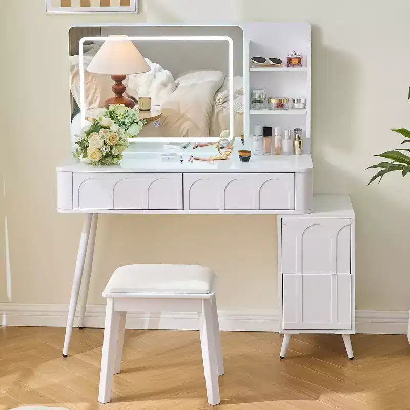 Rajiv Modern Vanity Set with Faux Leather Stool, 3-Color Lighted Mirror and Movable Side Cabinet