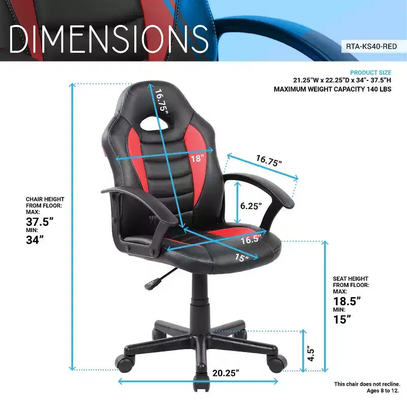 Kid's Ergonomics Gaming Chair 360 Swivel Chair with Wheels,Black/Red Computer Chair for Office&Home,Versatile Leisure Chair,Black/Red