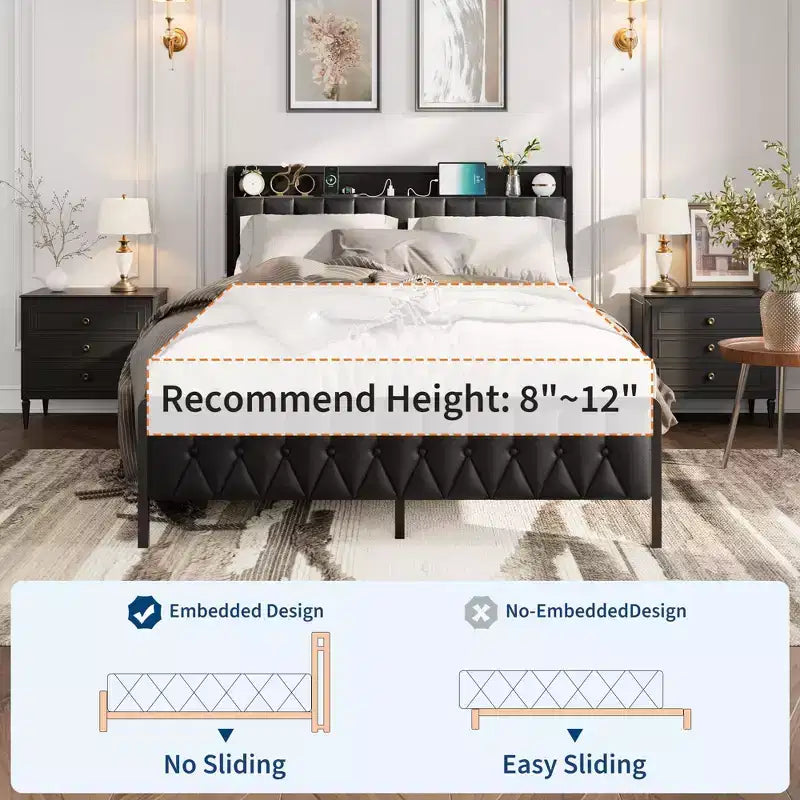 Bed Frame with Charging Station, All-Metal Platform Bed Frame with Storage Faux Leather Button Headboard and Footboard, No Box Spring Needed, Black