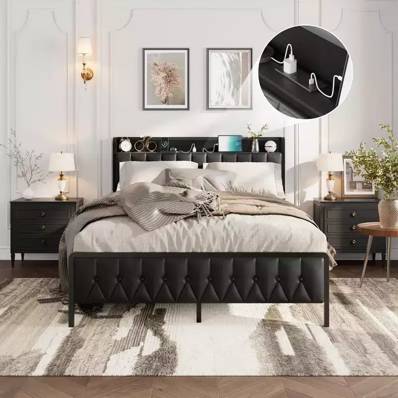 Bed Frame with Charging Station, All-Metal Platform Bed Frame with Storage Faux Leather Button Headboard and Footboard, No Box Spring Needed, Black