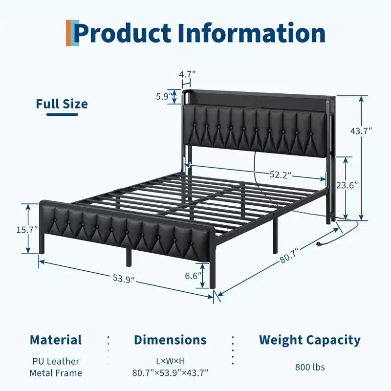 Bed Frame with Charging Station, All-Metal Platform Bed Frame with Storage Faux Leather Button Headboard and Footboard, No Box Spring Needed, Black