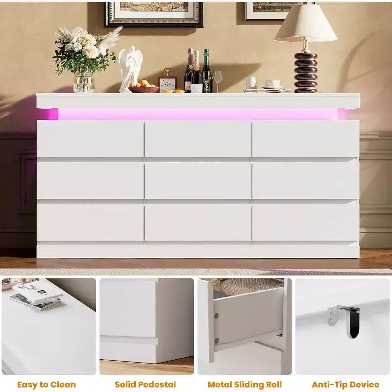 9 Drawer Dresser with Ports and Outlets, 63 Inch Wide Chest of Drawers and TV Stand, Bedroom Storage Cabinet