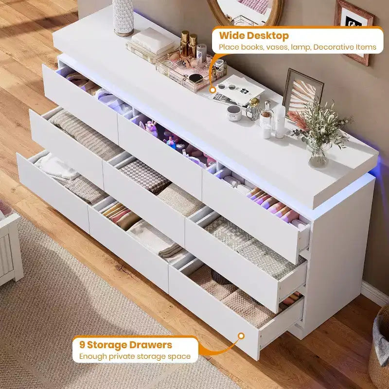 9 Drawer Dresser with Ports and Outlets, 63 Inch Wide Chest of Drawers and TV Stand, Bedroom Storage Cabinet