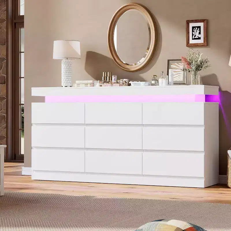 9 Drawer Dresser with Ports and Outlets, 63 Inch Wide Chest of Drawers and TV Stand, Bedroom Storage Cabinet