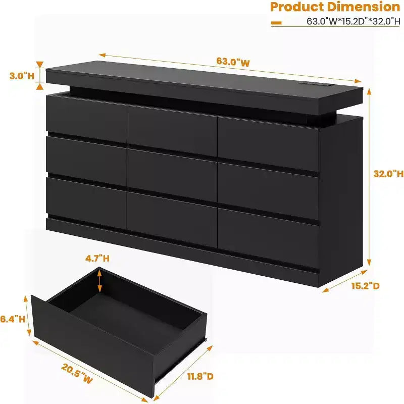 9 Drawer Dresser with Ports and Outlets, 63 Inch Wide Chest of Drawers and TV Stand, Bedroom Storage Cabinet