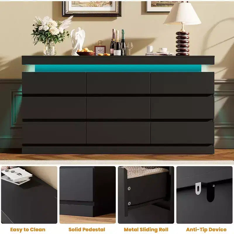 9 Drawer Dresser with Ports and Outlets, 63 Inch Wide Chest of Drawers and TV Stand, Bedroom Storage Cabinet