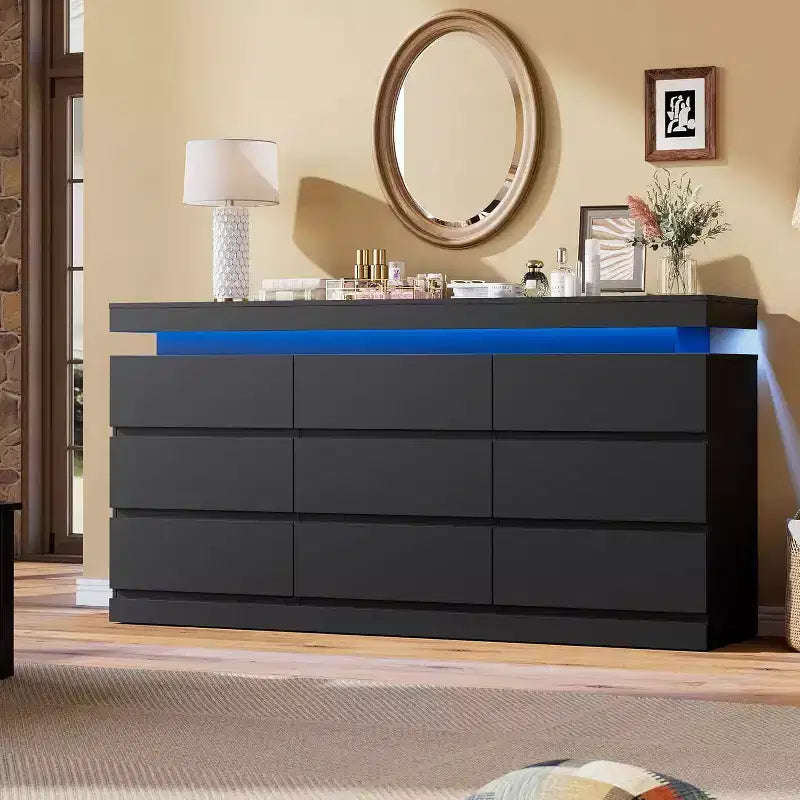 9 Drawer Dresser with Ports and Outlets, 63 Inch Wide Chest of Drawers and TV Stand, Bedroom Storage Cabinet
