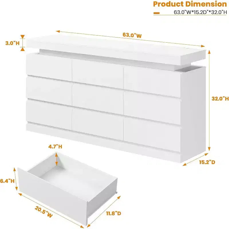 9 Drawer Dresser with Ports and Outlets, 63 Inch Wide Chest of Drawers and TV Stand, Bedroom Storage Cabinet