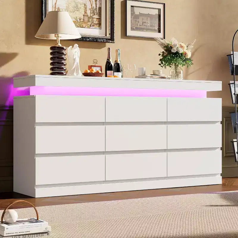 9 Drawer Dresser with Ports and Outlets, 63 Inch Wide Chest of Drawers and TV Stand, Bedroom Storage Cabinet