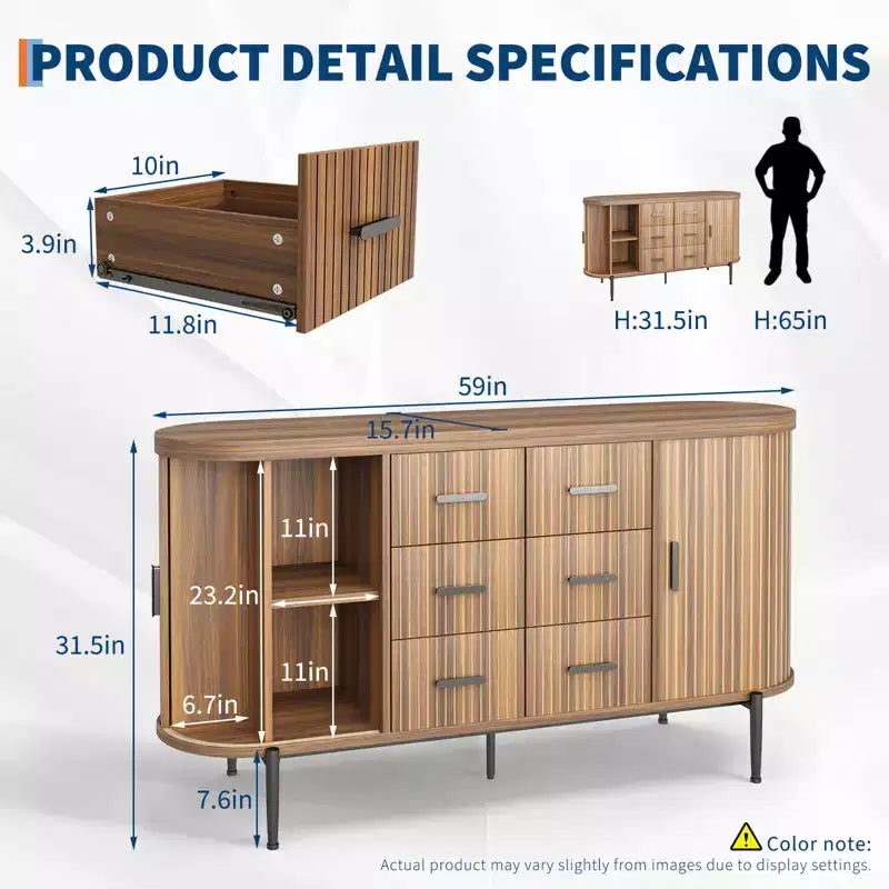 47 Faux Marble Mid-Century Modern Sideboard Buffet Cabinet, Fluted Storage Console with 3 Drawers & Metal Legs for Dining Room Living Room Entryway
