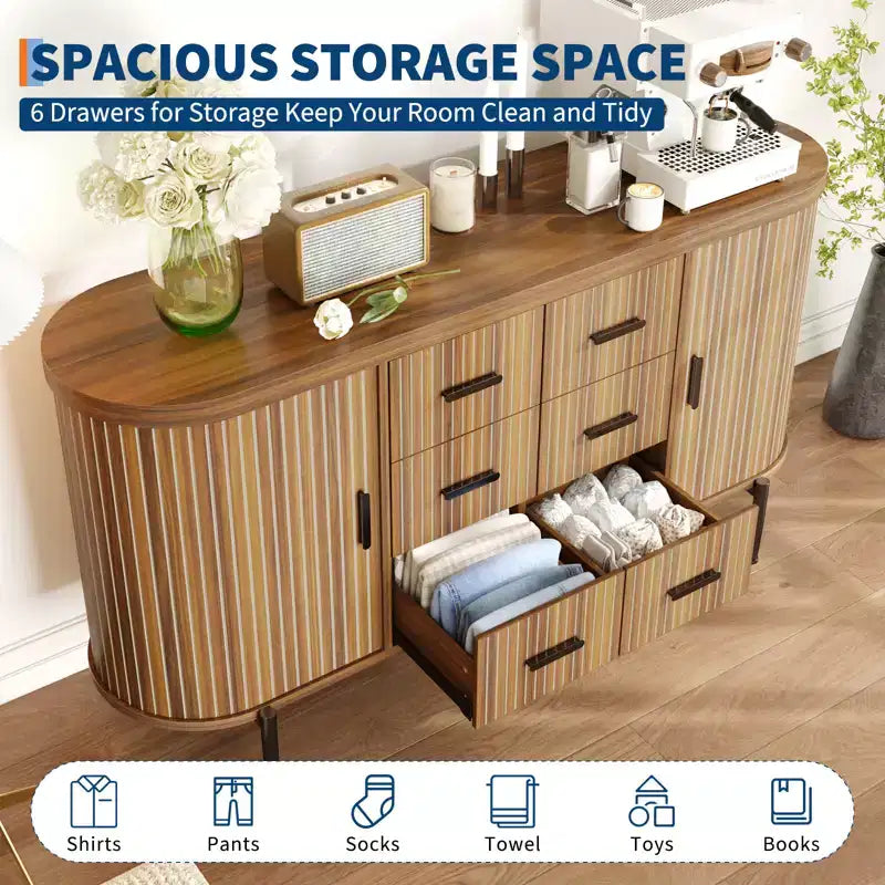 47 Faux Marble Mid-Century Modern Sideboard Buffet Cabinet, Fluted Storage Console with 3 Drawers & Metal Legs for Dining Room Living Room Entryway