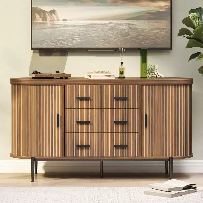 47 Faux Marble Mid-Century Modern Sideboard Buffet Cabinet, Fluted Storage Console with 3 Drawers & Metal Legs for Dining Room Living Room Entryway