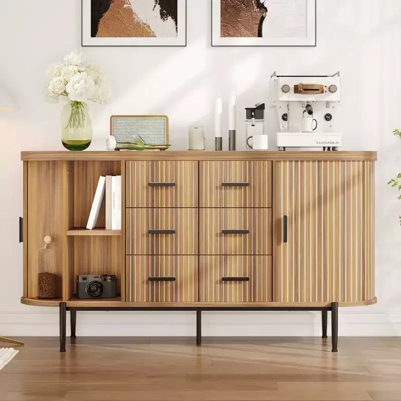 47 Faux Marble Mid-Century Modern Sideboard Buffet Cabinet, Fluted Storage Console with 3 Drawers & Metal Legs for Dining Room Living Room Entryway
