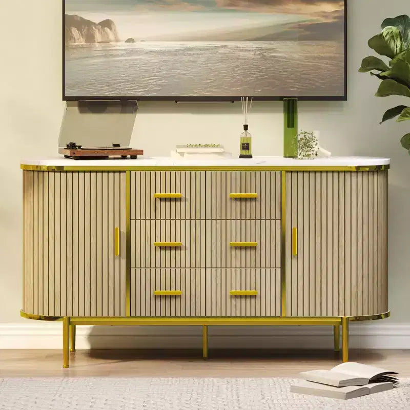 47 Faux Marble Mid-Century Modern Sideboard Buffet Cabinet, Fluted Storage Console with 3 Drawers & Metal Legs for Dining Room Living Room Entryway