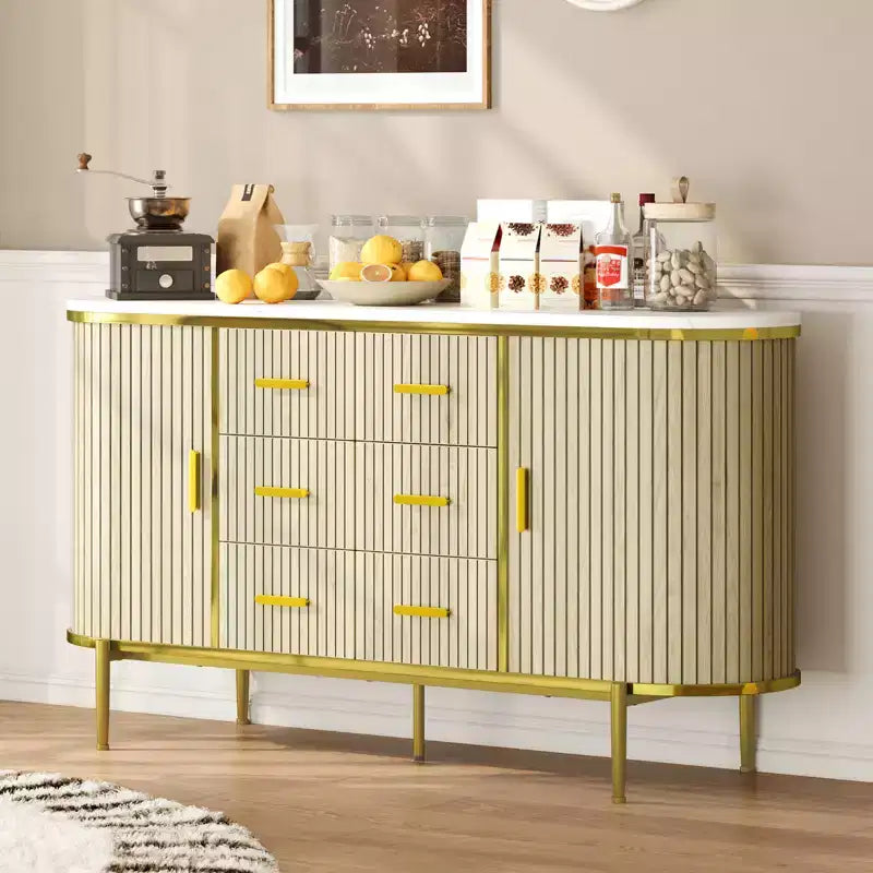 47 Faux Marble Mid-Century Modern Sideboard Buffet Cabinet, Fluted Storage Console with 3 Drawers & Metal Legs for Dining Room Living Room Entryway