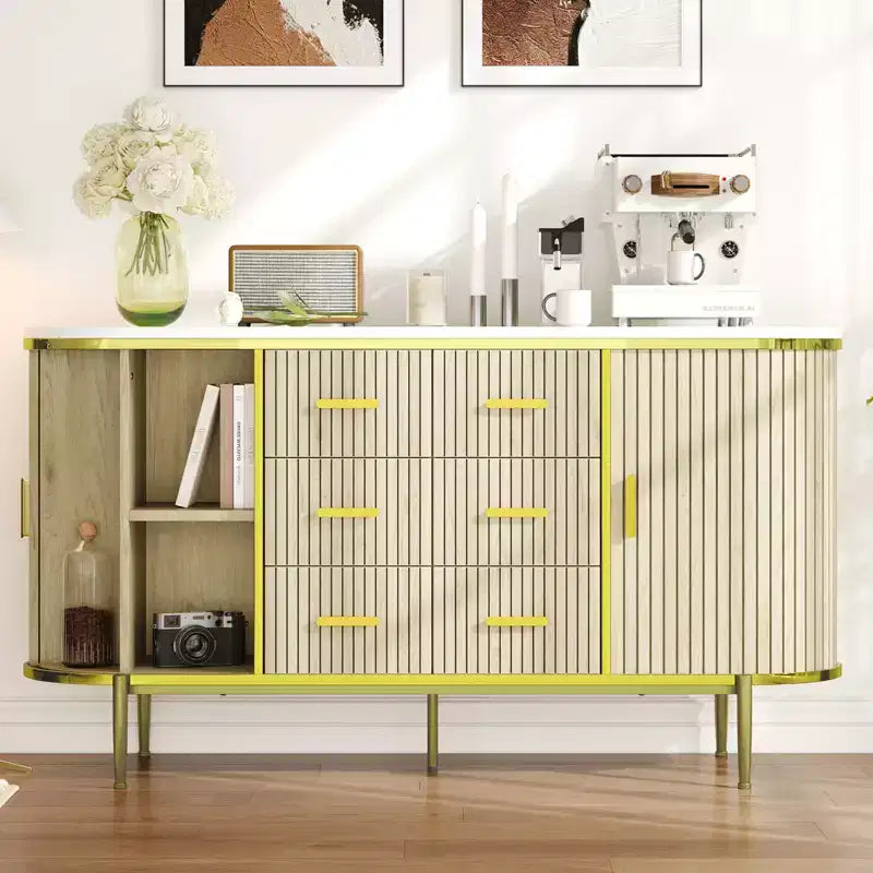 47 Faux Marble Mid-Century Modern Sideboard Buffet Cabinet, Fluted Storage Console with 3 Drawers & Metal Legs for Dining Room Living Room Entryway