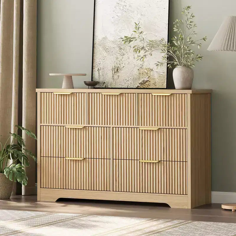 7 Drawer Fluted Dresser for Bedroom - 47.24 Inch Wide Wooden Chest with Metal Handles, Modern Storage Organizer & Media Console TV Stand