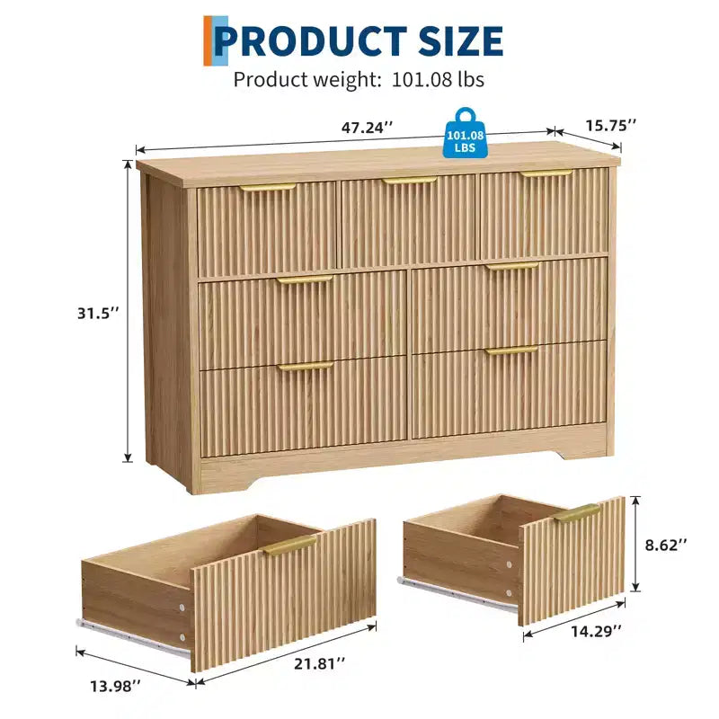 7 Drawer Fluted Dresser for Bedroom - 47.24 Inch Wide Wooden Chest with Metal Handles, Modern Storage Organizer & Media Console TV Stand