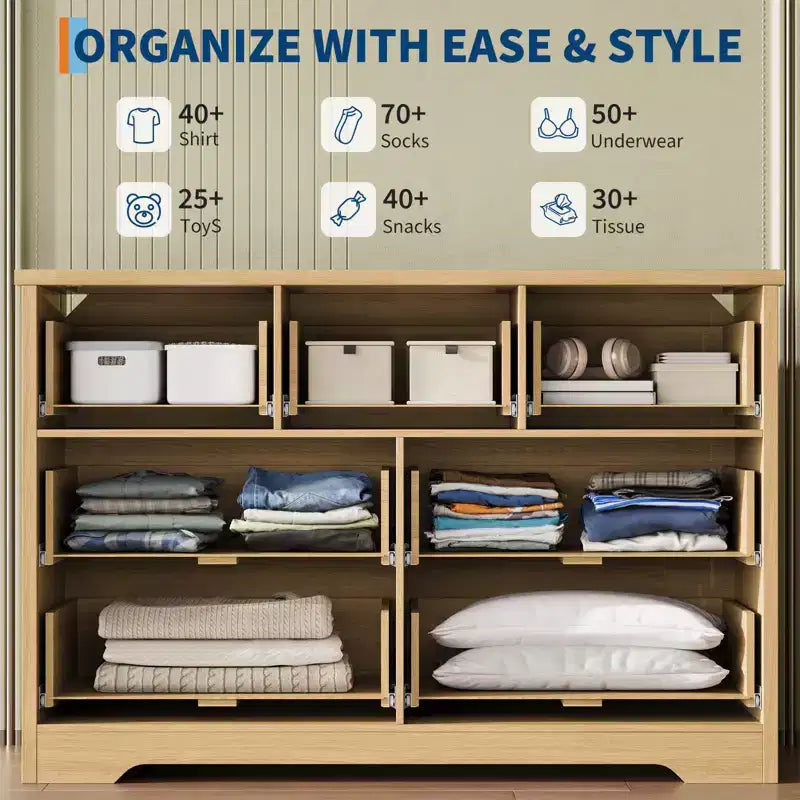 7 Drawer Fluted Dresser for Bedroom - 47.24 Inch Wide Wooden Chest with Metal Handles, Modern Storage Organizer & Media Console TV Stand