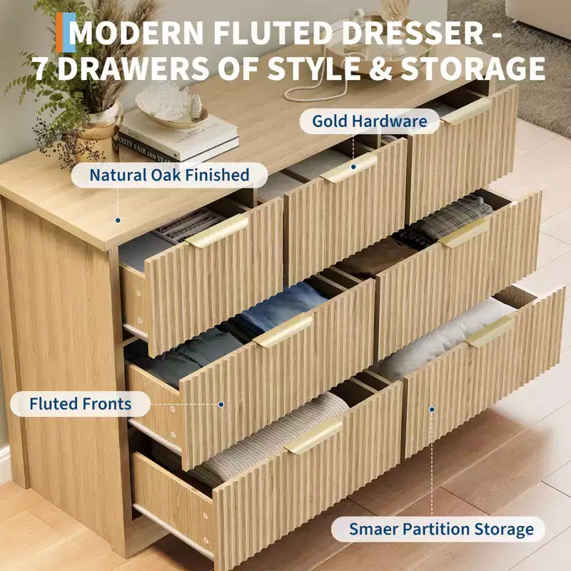 7 Drawer Fluted Dresser for Bedroom - 47.24 Inch Wide Wooden Chest with Metal Handles, Modern Storage Organizer & Media Console TV Stand
