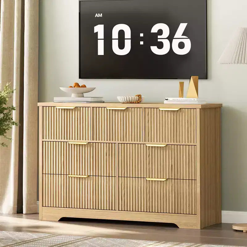 7 Drawer Fluted Dresser for Bedroom - 47.24 Inch Wide Wooden Chest with Metal Handles, Modern Storage Organizer & Media Console TV Stand