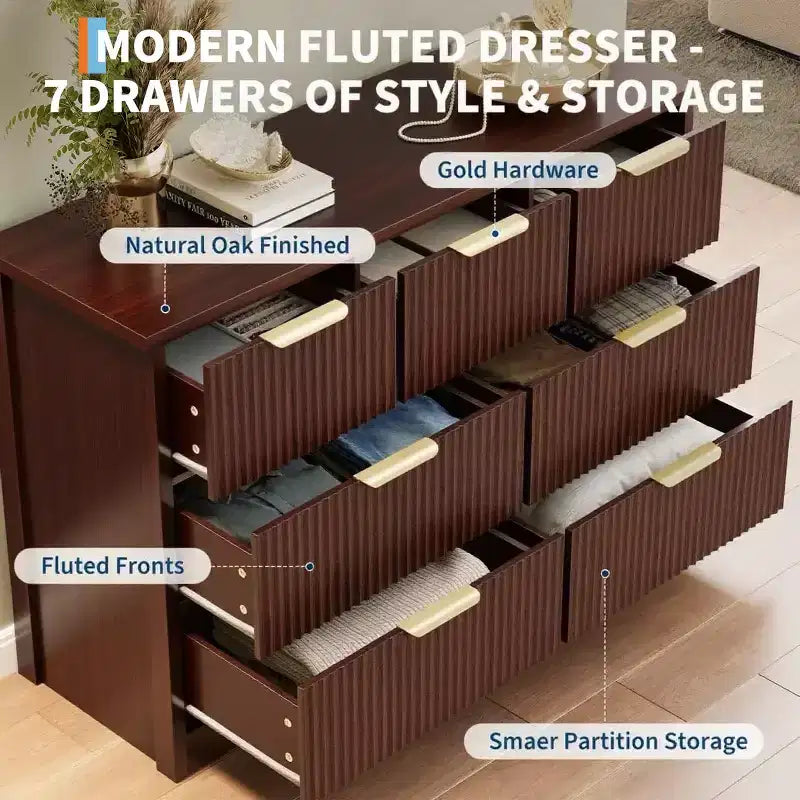 7 Drawer Fluted Dresser for Bedroom - 47.24 Inch Wide Wooden Chest with Metal Handles, Modern Storage Organizer & Media Console TV Stand