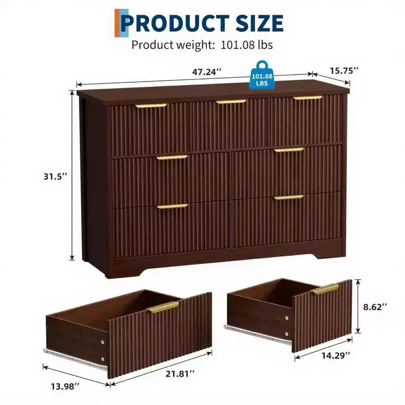 7 Drawer Fluted Dresser for Bedroom - 47.24 Inch Wide Wooden Chest with Metal Handles, Modern Storage Organizer & Media Console TV Stand
