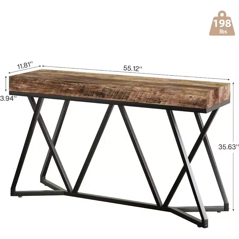 55-Inch Console Table for Entryway, Industrial Wooden Sofa Table with Geometric Metal Base for Living Room, Entrance, Hallway, Rustic Brown