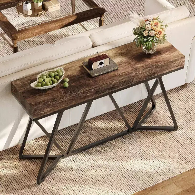 55-Inch Console Table for Entryway, Industrial Wooden Sofa Table with Geometric Metal Base for Living Room, Entrance, Hallway, Rustic Brown