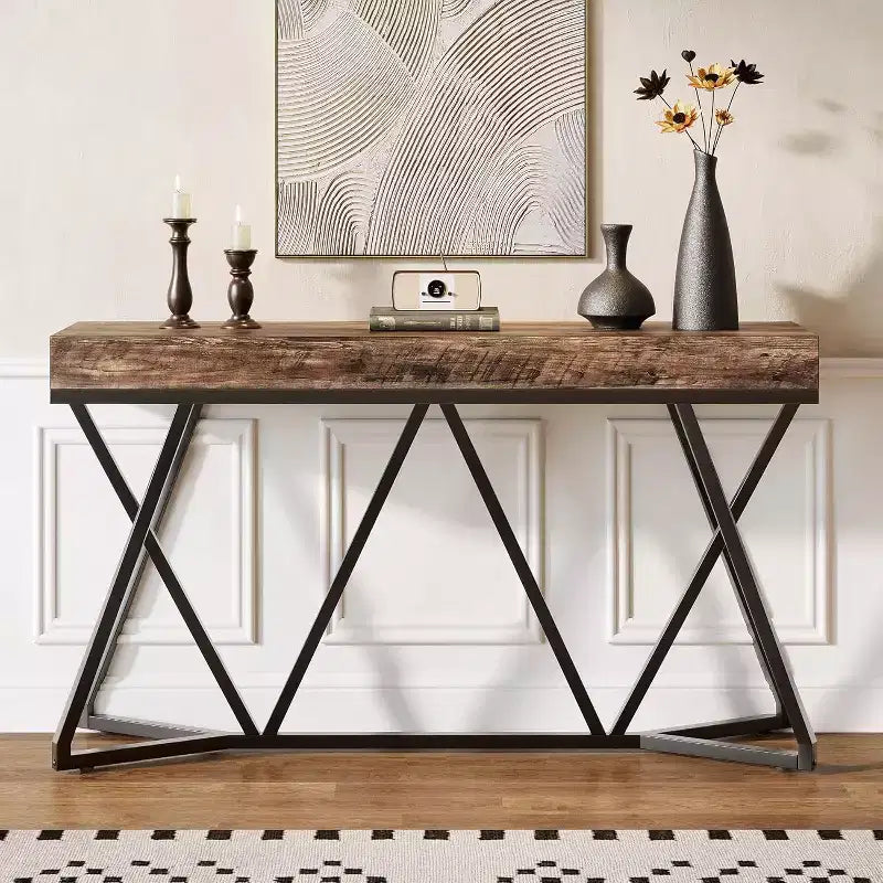 55-Inch Console Table for Entryway, Industrial Wooden Sofa Table with Geometric Metal Base for Living Room, Entrance, Hallway, Rustic Brown