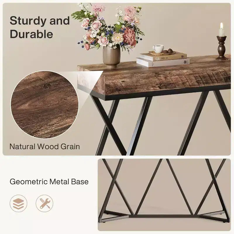 55-Inch Console Table for Entryway, Industrial Wooden Sofa Table with Geometric Metal Base for Living Room, Entrance, Hallway, Rustic Brown