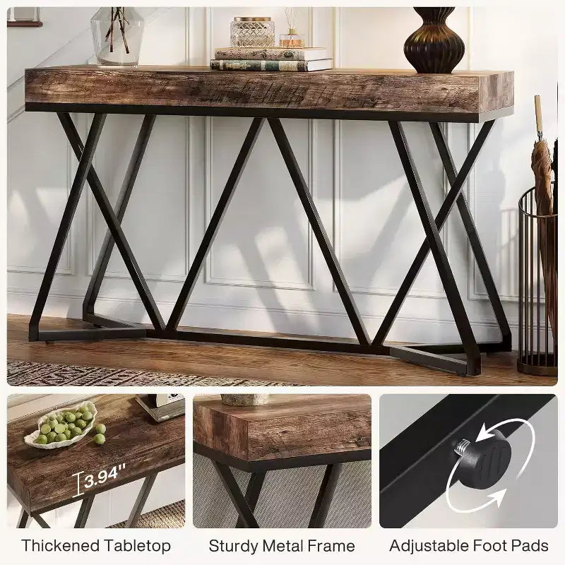 55-Inch Console Table for Entryway, Industrial Wooden Sofa Table with Geometric Metal Base for Living Room, Entrance, Hallway, Rustic Brown