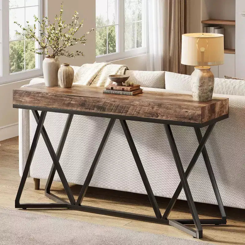 55-Inch Console Table for Entryway, Industrial Wooden Sofa Table with Geometric Metal Base for Living Room, Entrance, Hallway, Rustic Brown