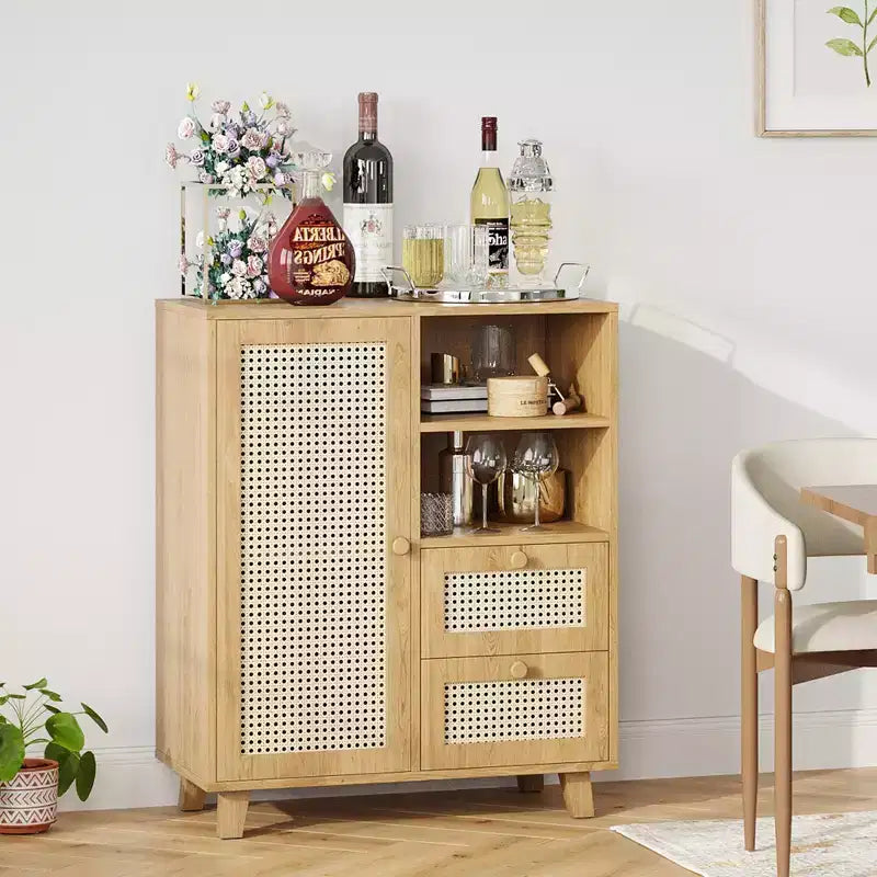 15-inch rattan sideboard with adjustable shelves and smooth-gliding drawers, suitable for living rooms and kitchens, natural color
