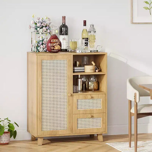 15-inch rattan sideboard with adjustable shelves and smooth-gliding drawers, suitable for living rooms and kitchens, natural color