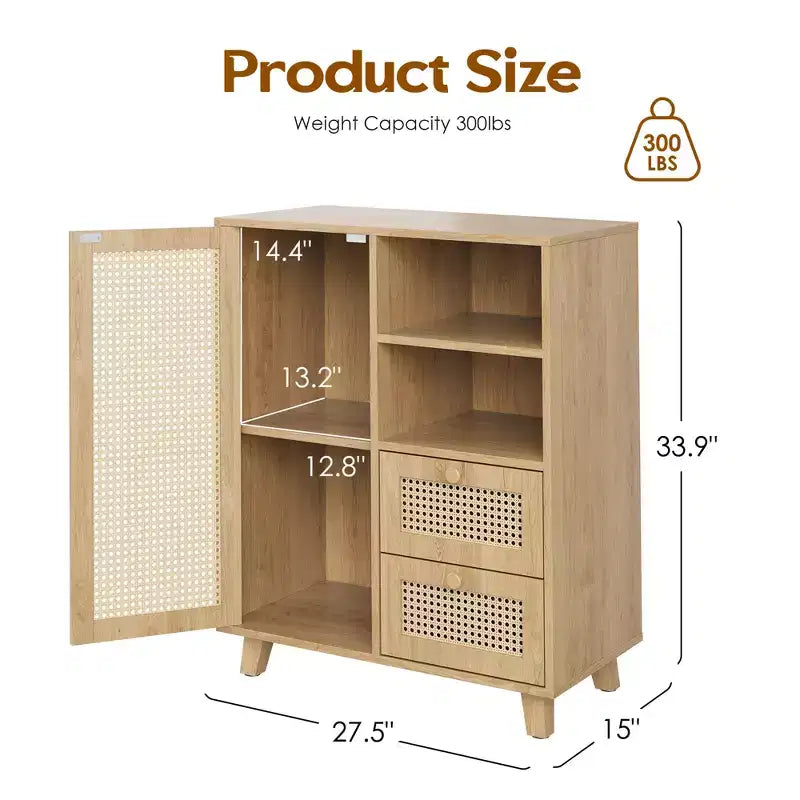15-inch rattan sideboard with adjustable shelves and smooth-gliding drawers, suitable for living rooms and kitchens, natural color