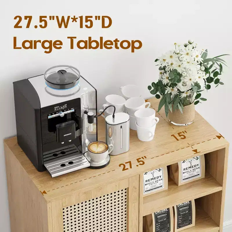 15-inch rattan sideboard with adjustable shelves and smooth-gliding drawers, suitable for living rooms and kitchens, natural color