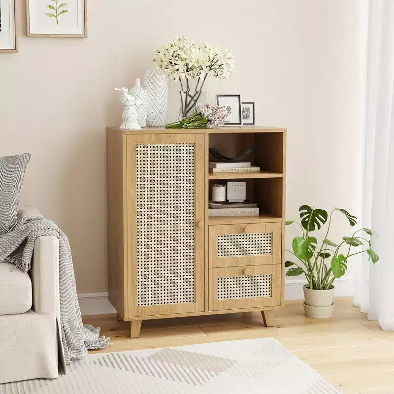 15-inch rattan sideboard with adjustable shelves and smooth-gliding drawers, suitable for living rooms and kitchens, natural color