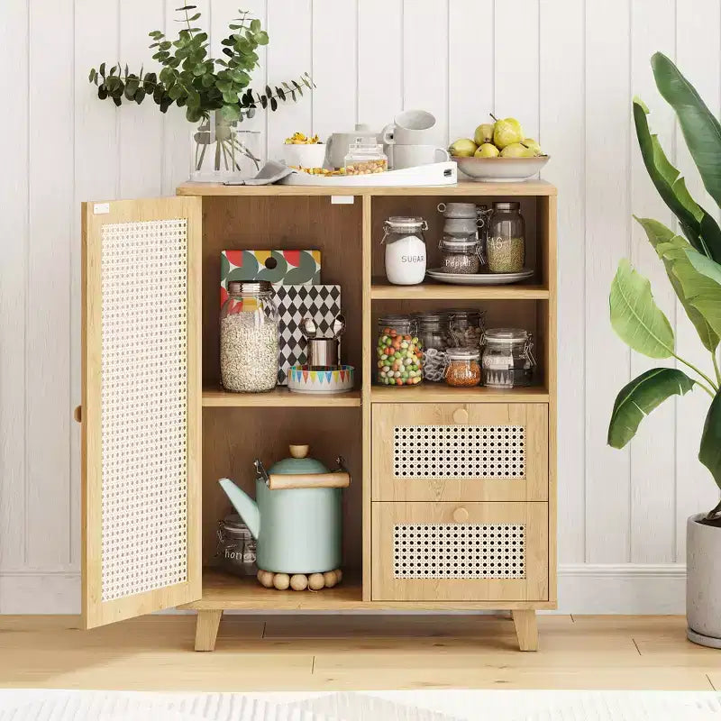 15-inch rattan sideboard with adjustable shelves and smooth-gliding drawers, suitable for living rooms and kitchens, natural color