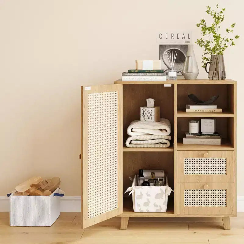 15-inch rattan sideboard with adjustable shelves and smooth-gliding drawers, suitable for living rooms and kitchens, natural color
