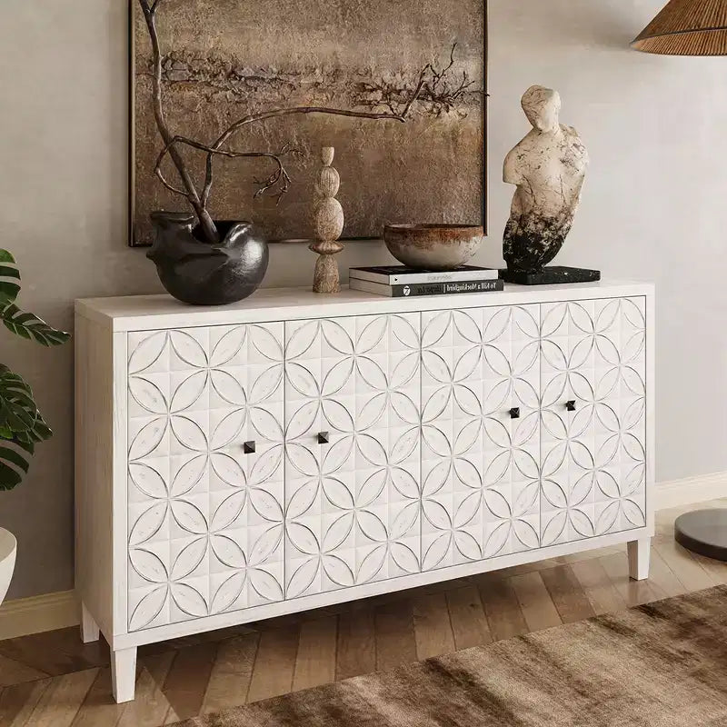 Modern Wooden Sideboard with 4 Doors, Buffet Server Cabinet with Adjustable Shelves & Square Handles for Living Room Dining Room