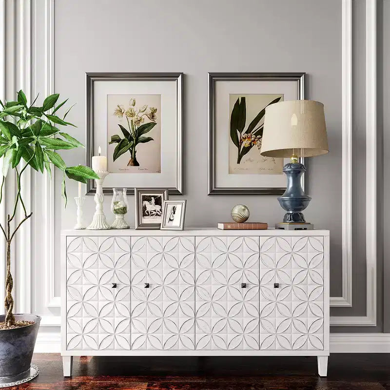 Modern Wooden Sideboard with 4 Doors, Buffet Server Cabinet with Adjustable Shelves & Square Handles for Living Room Dining Room