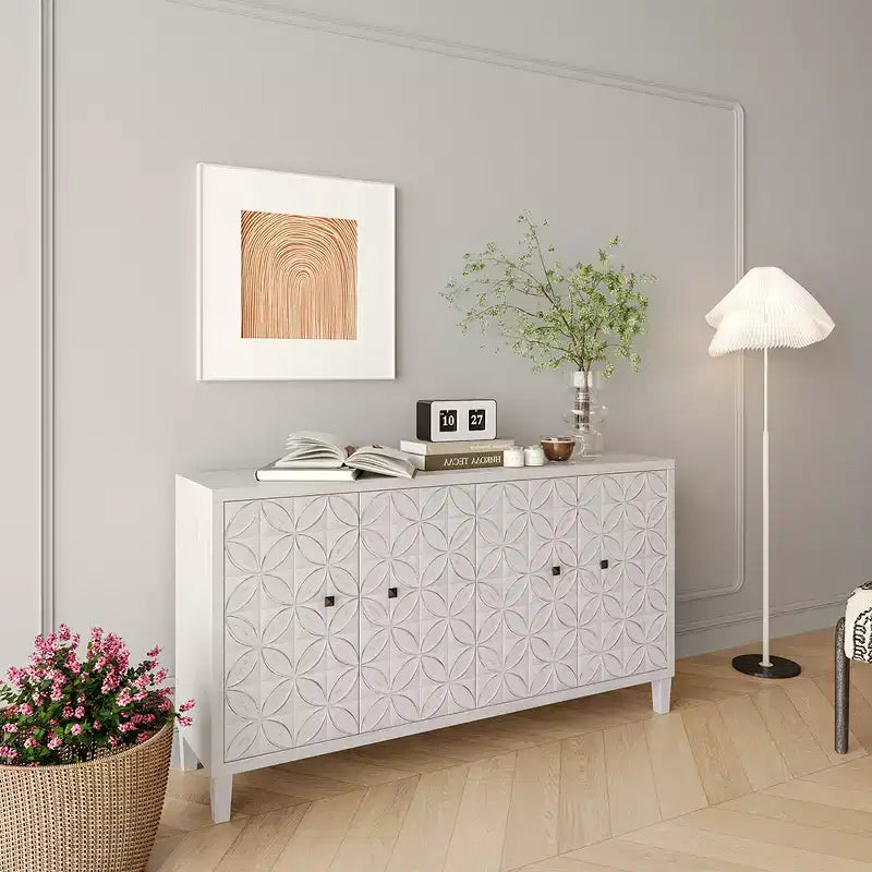 Modern Wooden Sideboard with 4 Doors, Buffet Server Cabinet with Adjustable Shelves & Square Handles for Living Room Dining Room