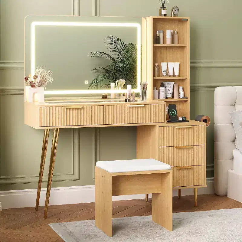 48 Makeup Vanity Desk for Bedroom,Makeup Vanity Table with Soft Stool,Makeup Desk with 4 Drawers & Shelves, Dressing Table Set for Bedroom