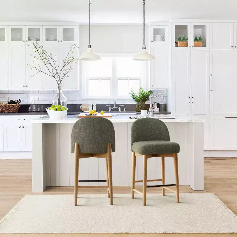 Set of 2 Modern Counter Height Bar Stools, 26 Upholstered Linen Kitchen Island Chairs with Solid Wood Legs & Curved Back