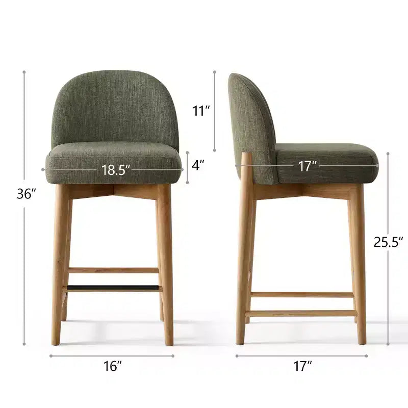 Set of 2 Modern Counter Height Bar Stools, 26 Upholstered Linen Kitchen Island Chairs with Solid Wood Legs & Curved Back