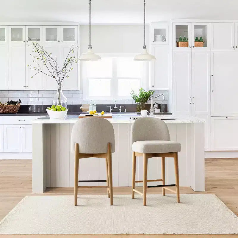 Set of 2 Modern Counter Height Bar Stools, 26 Upholstered Linen Kitchen Island Chairs with Solid Wood Legs & Curved Back