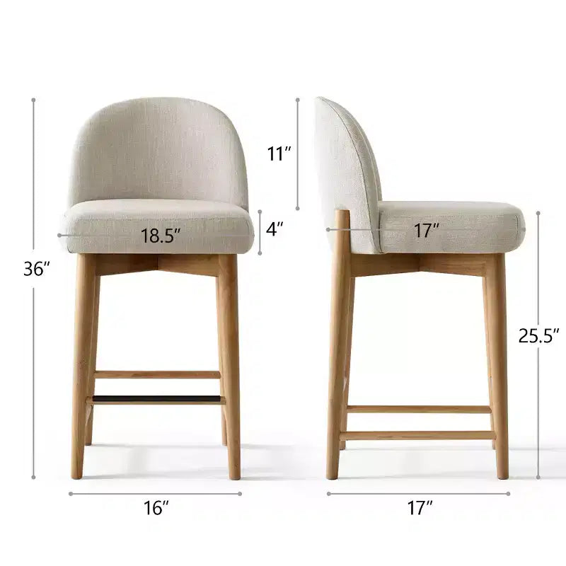 Set of 2 Modern Counter Height Bar Stools, 26 Upholstered Linen Kitchen Island Chairs with Solid Wood Legs & Curved Back